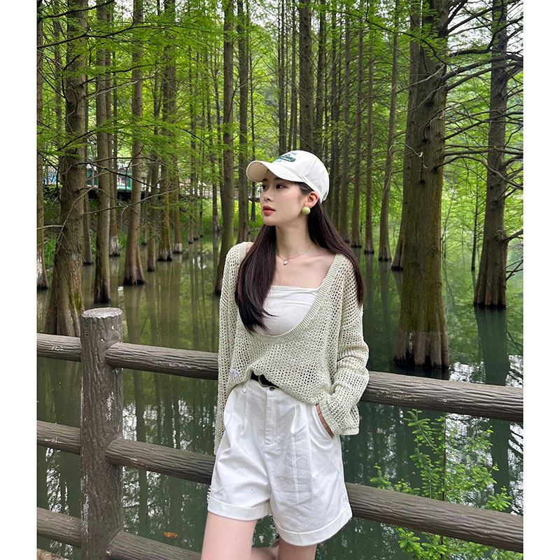 绿色大领口长袖防晒针织衫女夏季宽松薄款镂空外搭空调衫罩衫上衣