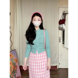 法式湖蓝色长袖针织开衫女秋季小个子薄款短款毛衣内搭打底衫上衣