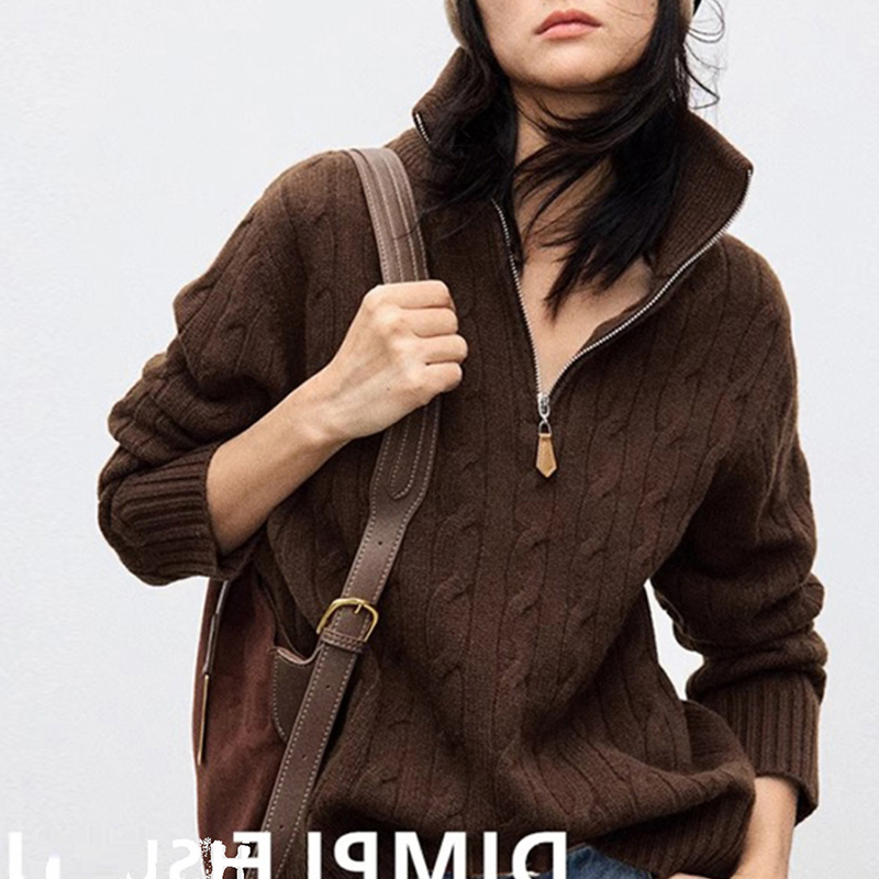 美式半拉链立领麻花毛衣针织上衣
