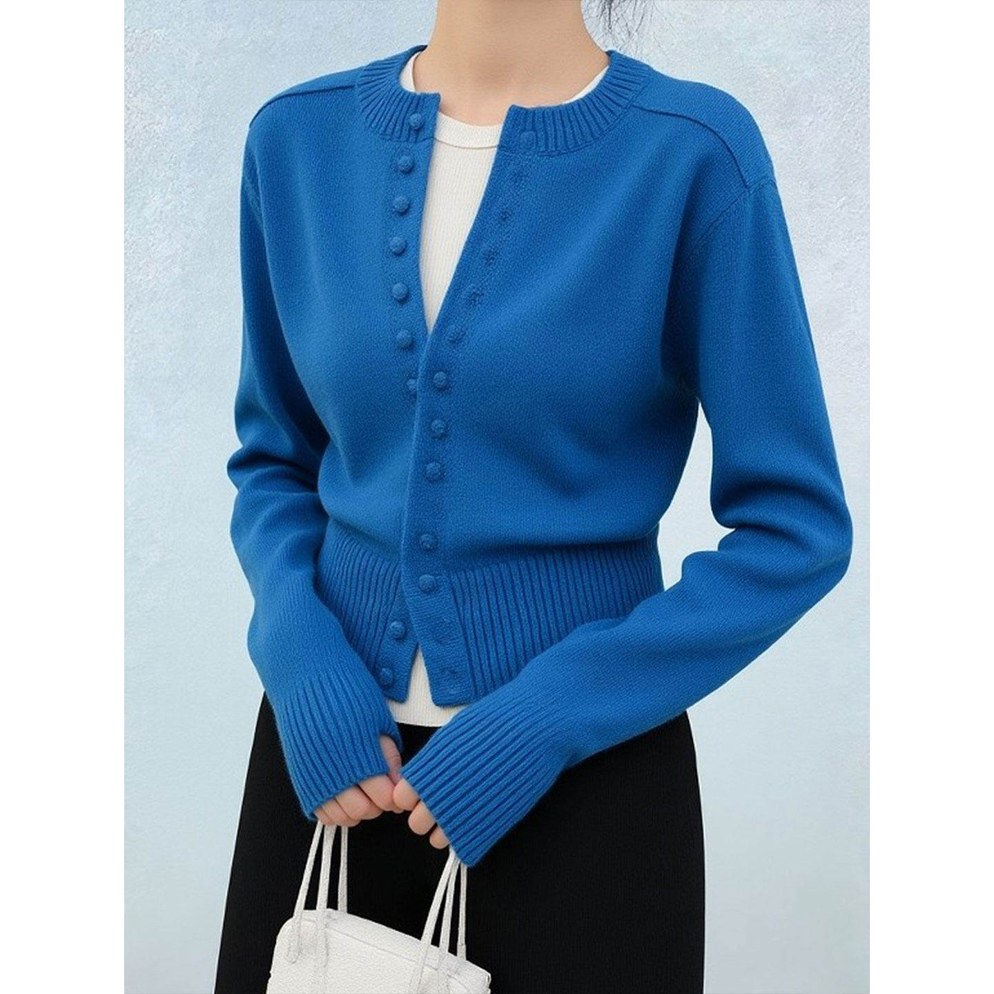 法式克莱因蓝短款毛衣外套女秋冬高级感修身内搭针织衫小个子上衣