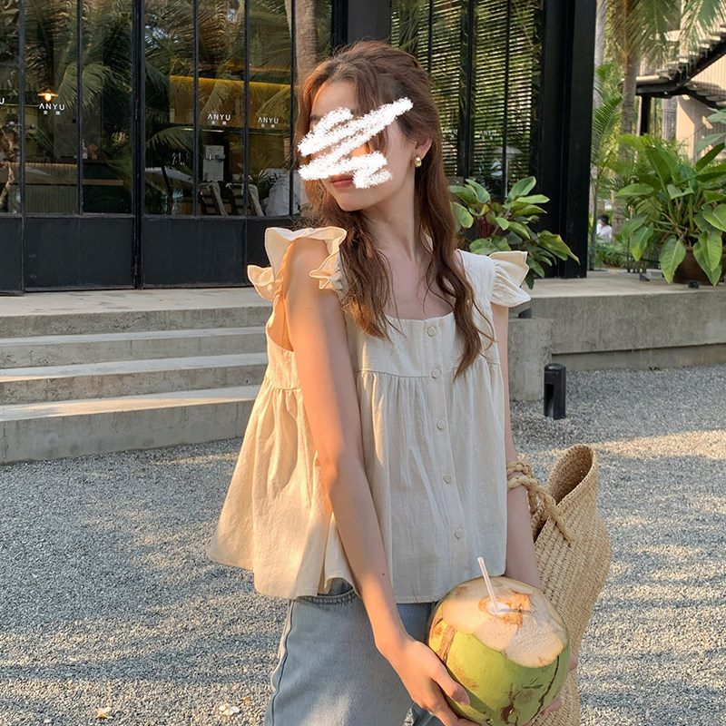 荷叶边方领小飞袖上衣女宽肩带吊带背心无袖设计感宽松娃娃衫夏薄