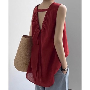 红色天丝亚麻露背吊带背心女夏季外穿独特别致无袖娃娃衫系带上衣