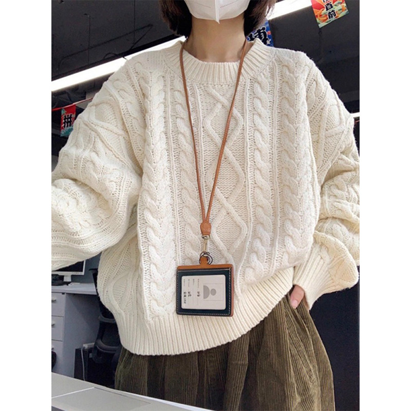 慵懒风白色复古麻花套头毛衣女秋冬外穿宽松针织打底衫内搭上衣厚