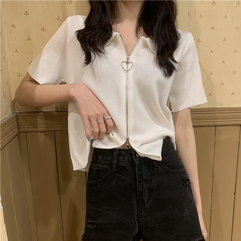 夏季白色冰丝针织短袖开衫女外穿2026新款辣妹显瘦polo衫短款上衣