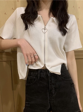 夏季白色冰丝针织短袖开衫女外穿2026新款辣妹显瘦polo衫短款上衣