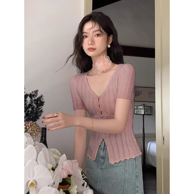法式粉色v领冰丝短袖t恤女夏季小香风修身收腰针织开衫镂空上衣薄