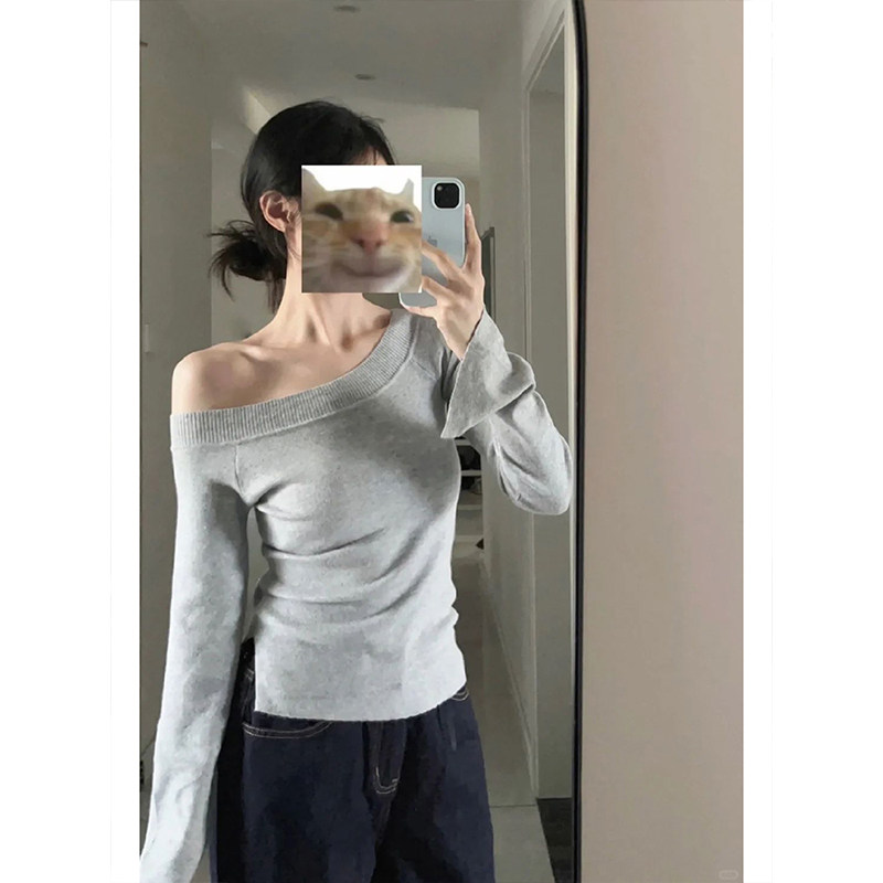 斜肩开叉露肩针织衫女打底内搭秋