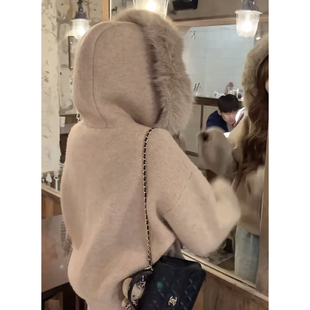 韩系大毛领连帽拉链毛衣外套女秋冬浣熊绒慵懒宽松针织开衫上衣厚