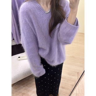 温柔紫色v领马海毛毛衣女秋冬慵懒宽松软糯针织衫可外穿内搭上衣