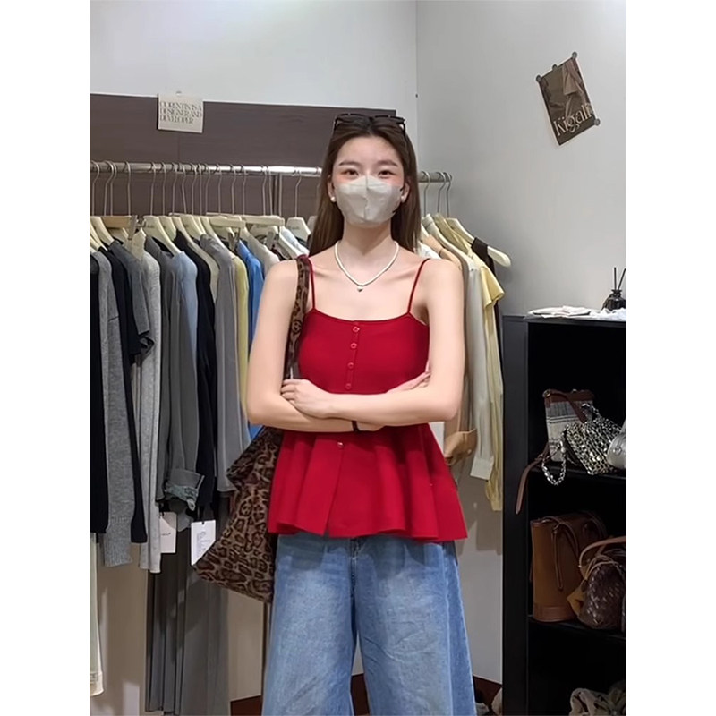 红色大领口针织小吊带背心女夏季外穿不规则下摆无袖露背显瘦上衣