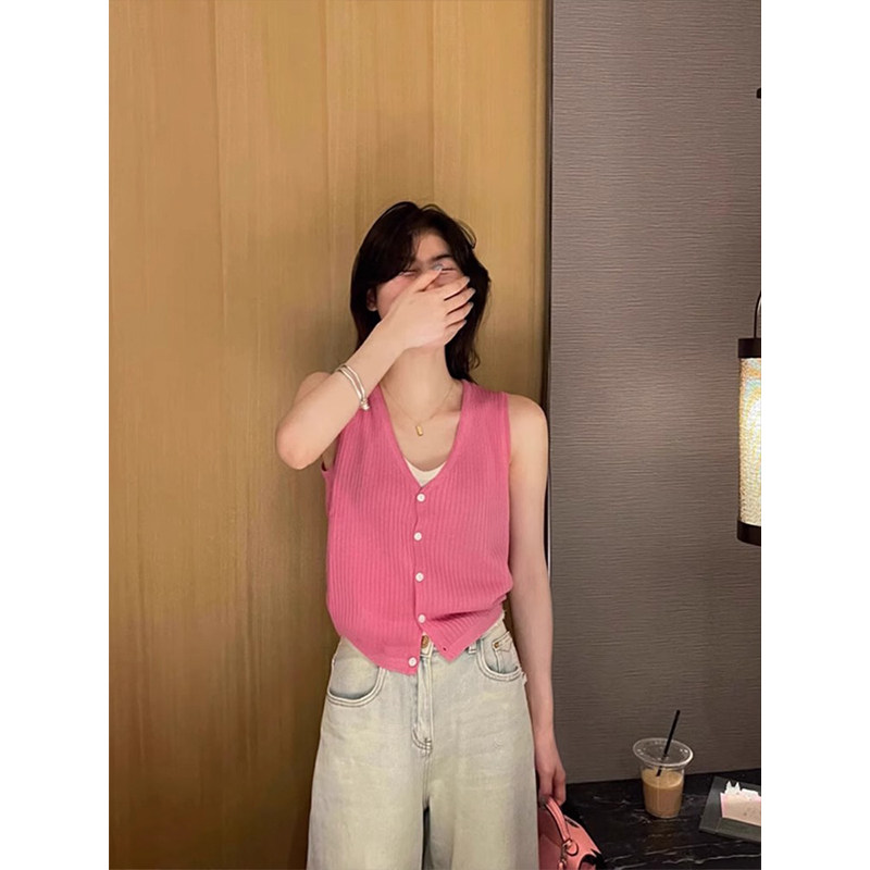 玫粉色假两件V领针织背心女夏季小个子无袖吊带叠穿内搭冰丝上衣