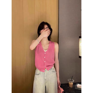 玫粉色假两件V领针织背心女夏季小个子无袖吊带叠穿内搭冰丝上衣