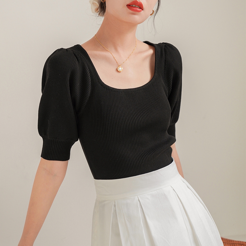 法式复古方领冰丝泡泡袖针织衫