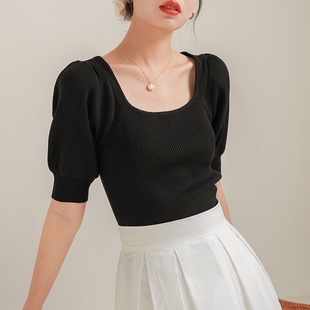 法式冰丝方领短袖针织衫t恤女夏季2025新款泡泡袖显瘦短款bm上衣