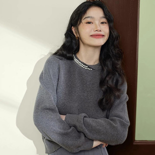 毛衣上衣 高知老钱风穿搭内搭打底衫 巨好看独特灰色针织衫 女秋冬季
