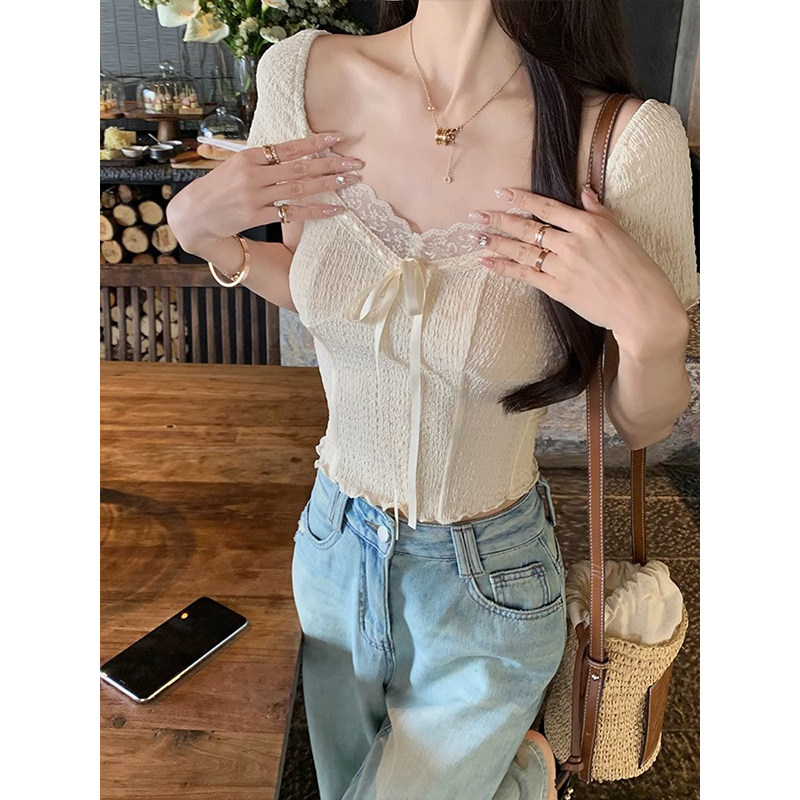 纯欲白色v领蕾丝短袖t恤女夏季蝴蝶结鱼骨木耳边修身短款雪纺上衣