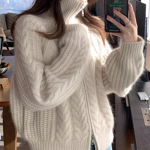 韩系高领拉链麻花毛衣外套女秋冬慵懒高级感宽松翻领针织开衫上衣
