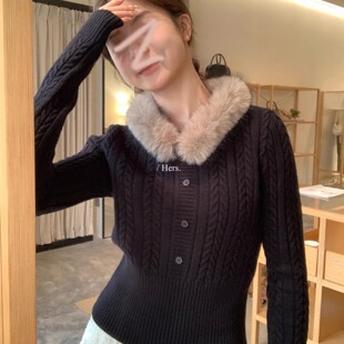 黑色可拆卸毛领麻花毛衣女秋冬高级感内搭打底修身针织衫外穿上衣