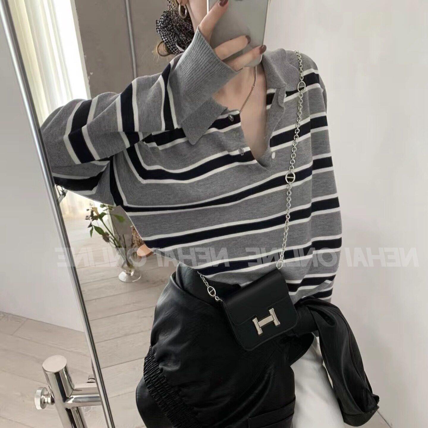 韩系灰色条纹长袖针织polo衫女春秋季miu系穿搭翻领宽松内搭上衣