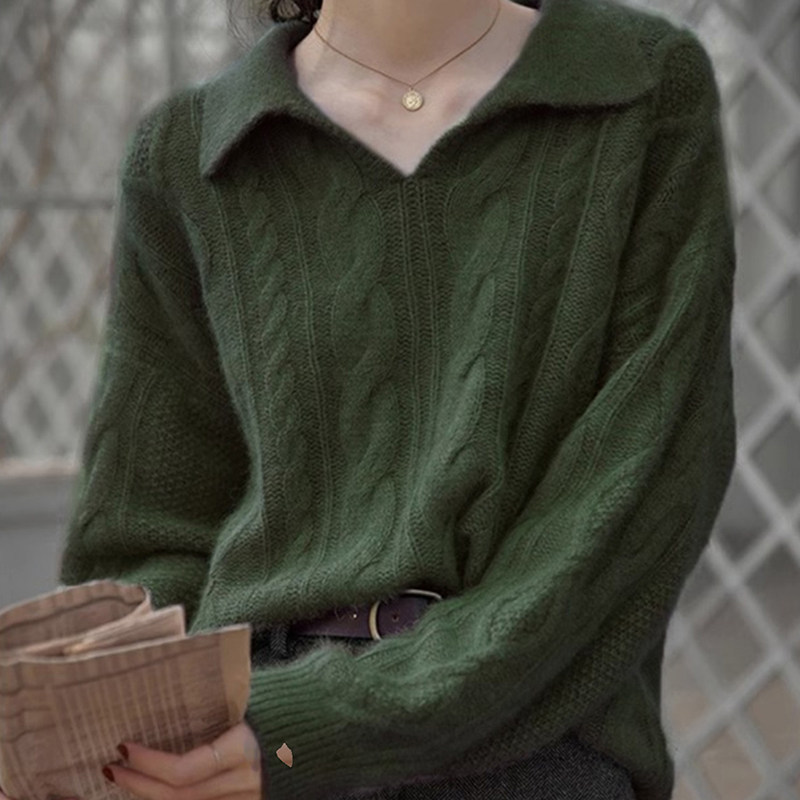 复古v领麻花毛衣翻领圣诞针织衫