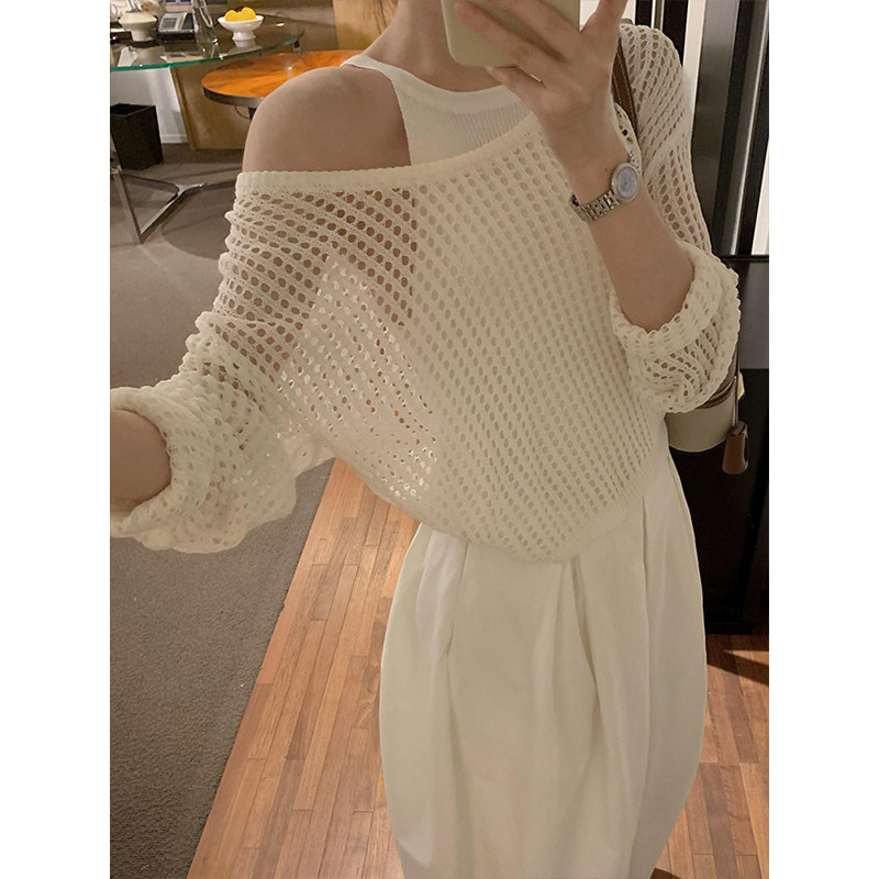 白色镂空网眼针织罩衫吊带背心两件套女夏季穿搭露肩防晒冰丝上衣