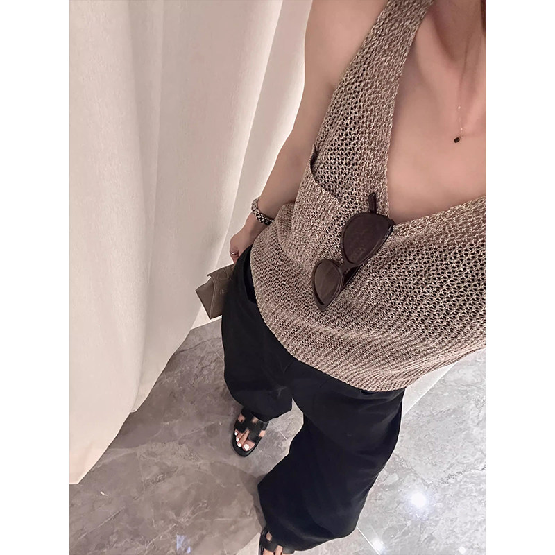 法式v领镂空冰丝针织吊带背心女夏季外穿老钱风宽松显瘦无袖上衣