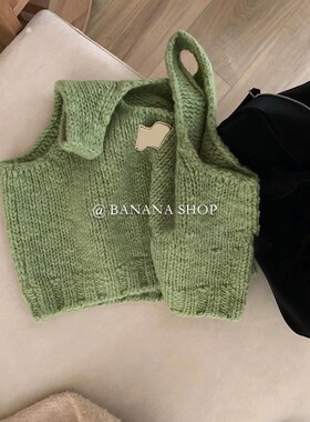日系绿色针织马甲女秋季新款小个子坎肩毛衣背心外搭叠穿无袖上衣