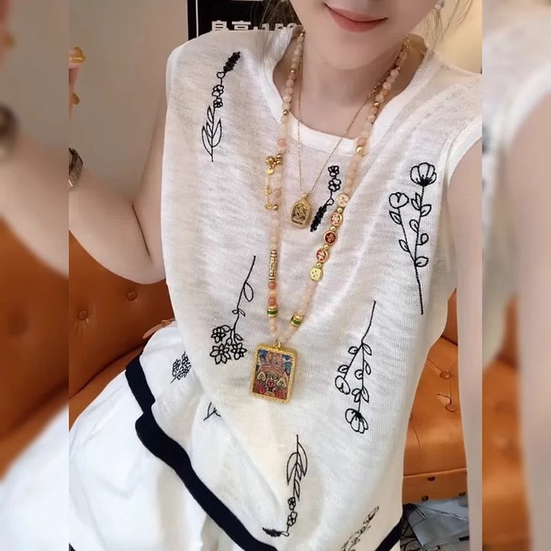 设计感刺绣冰丝针织背心无袖上衣