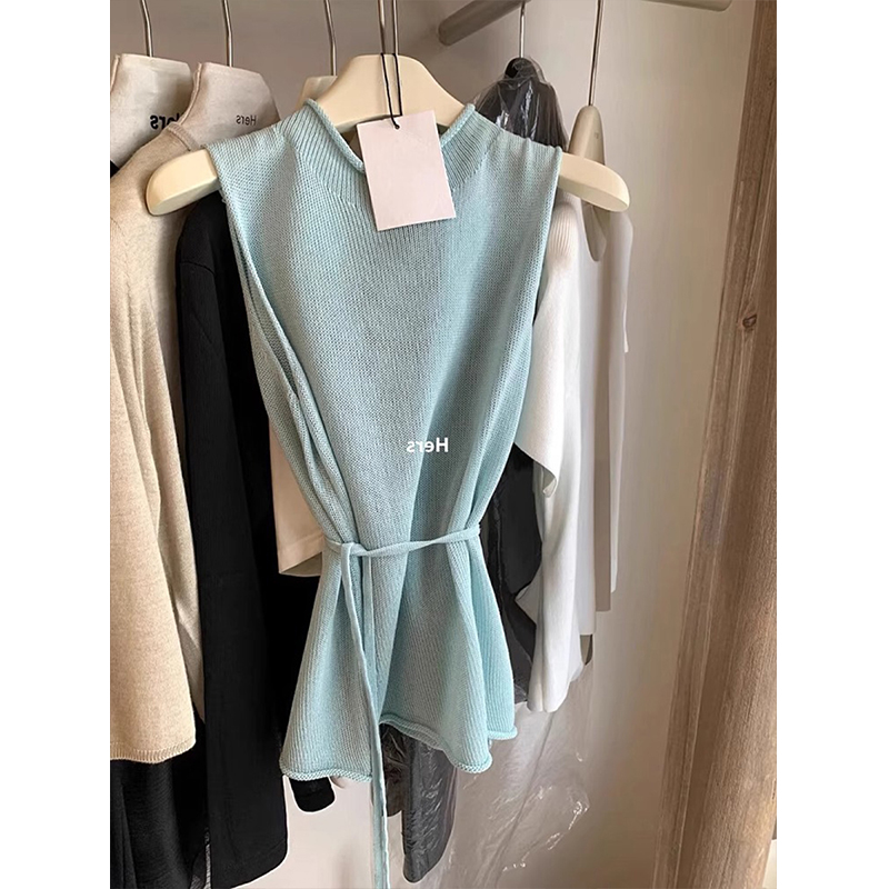 亚麻冰丝针织吊带背心女夏季外穿设计感绑带收腰无袖叠穿露肩上衣