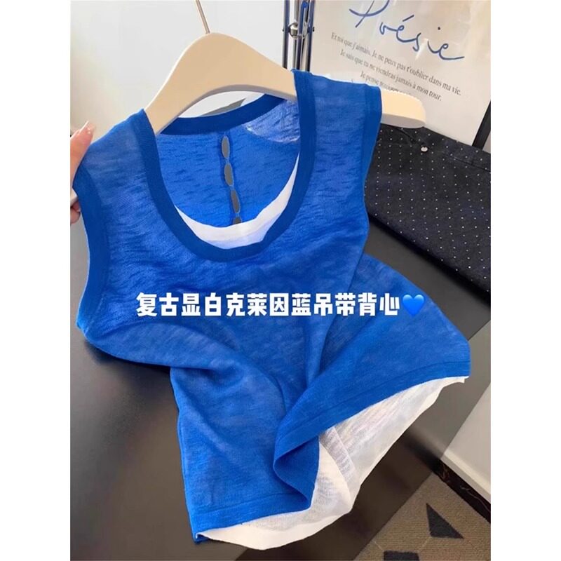 假两件冰丝针织背心无袖微透上衣