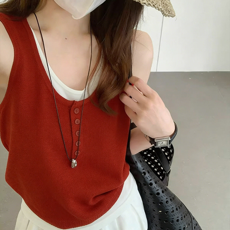 泰式红色假两件冰丝吊带背心女夏季多巴胺穿搭修身无袖针织短上衣