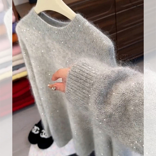 韩系细闪亮片灰色毛衣女秋冬巨好看宽松软糯针织衫可外穿内搭上衣