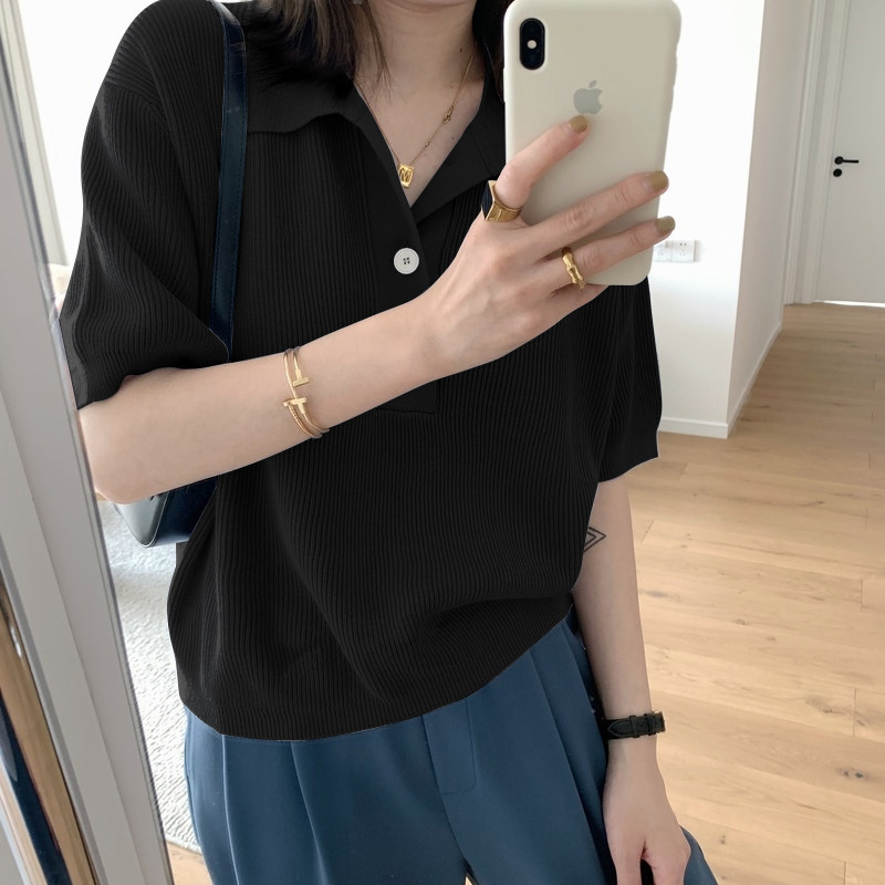 法式复古黑色冰丝针织短袖女夏季薄款翻领polo衫宽松显瘦上衣t恤