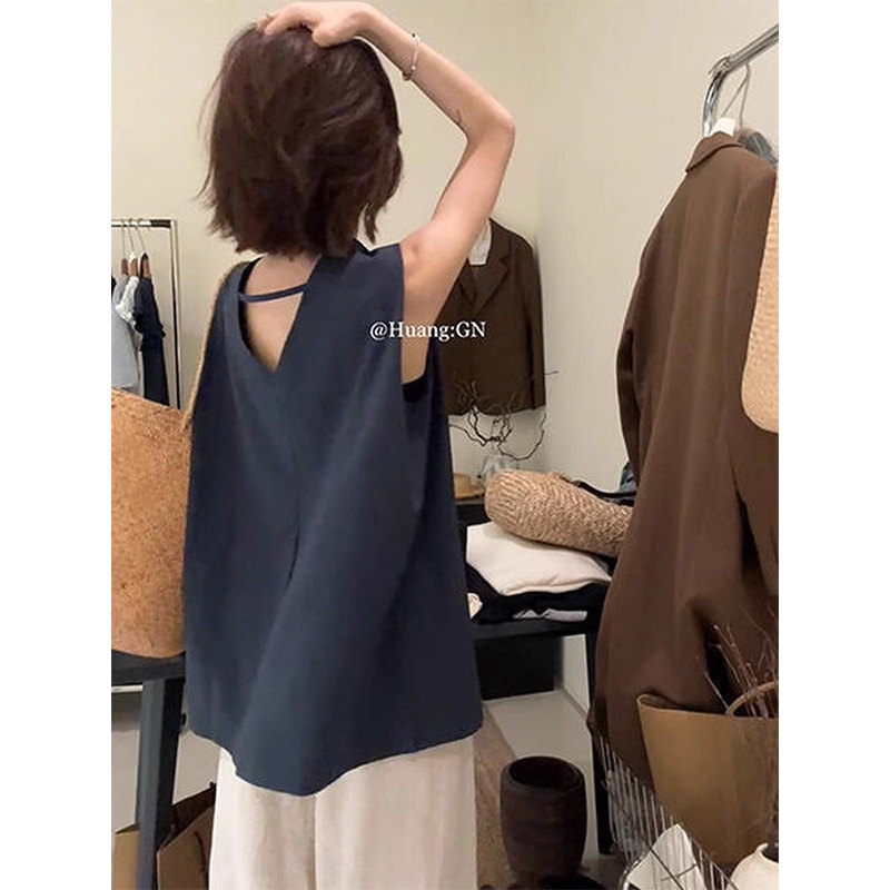 法式藏青色露背吊带背心女夏季外穿高级感无袖宽松娃娃衫小资上衣