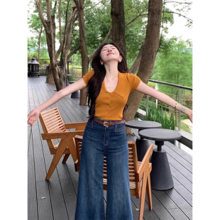 法式橘色polo翻领针织短袖女夏季小飞袖修身短款冰丝开衫t恤上衣