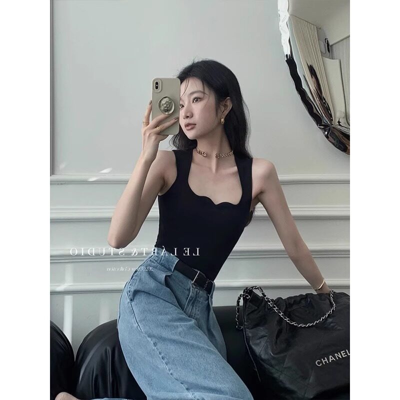 气质黑色方领针织吊带背心女夏季外穿高级感无袖美背抹胸内搭上衣