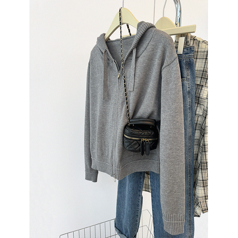 韩系灰色连帽毛衣外套开衫女秋冬慵懒宽松双拉链针织帽衫短款上衣