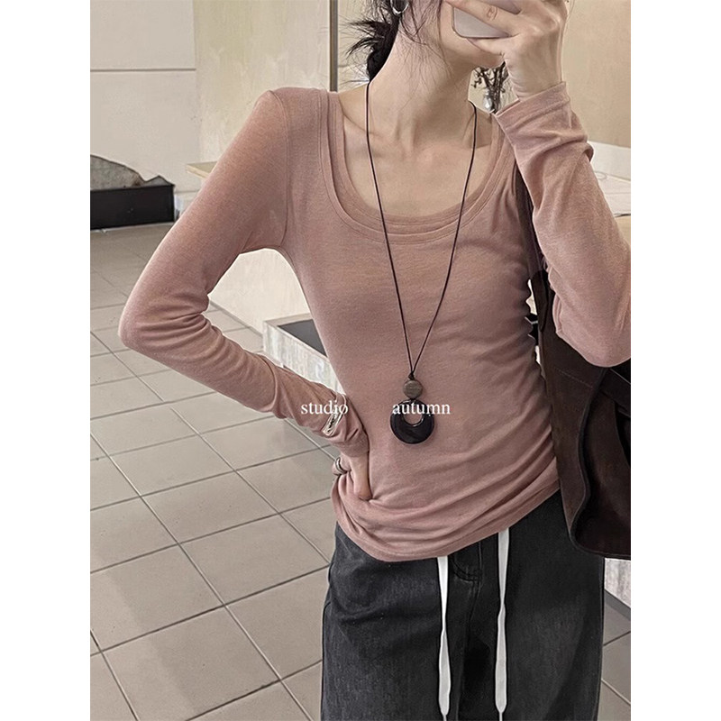 叠穿吊带真两件套长袖上衣女秋季韩系粉色修身U领T恤打底衫内搭冬