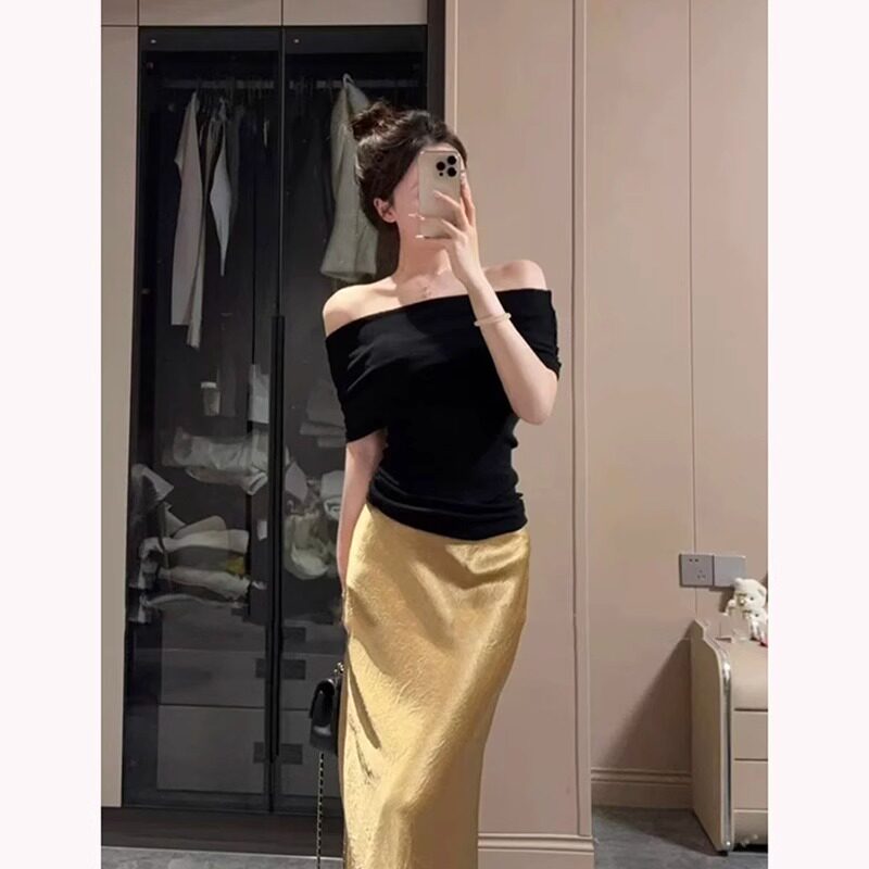 高级感黑色一字肩短袖针织衫女夏季纯欲修身露肩半袖t恤冰丝上衣