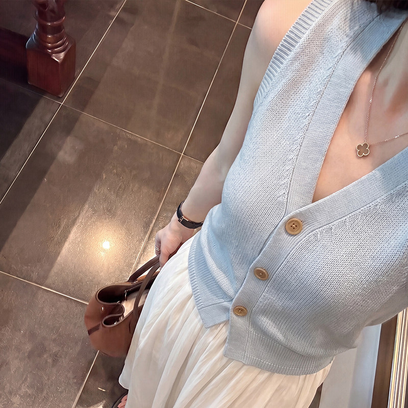 蓝色别致v领针织吊带小背心女夏