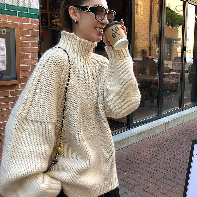 欧货杏色粗线高领毛衣女秋冬可外穿慵懒高级感宽松加厚针织衫上衣