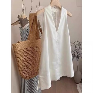 法式白色v领挂脖吊带背心女夏季外穿天丝亚麻无袖娃娃衫小资上衣