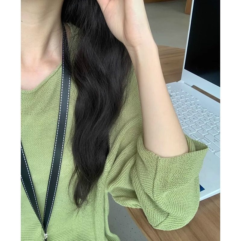 牛油果绿色镂空冰丝针织衫女夏季慵懒风薄款防晒空调罩衫叠穿上衣
