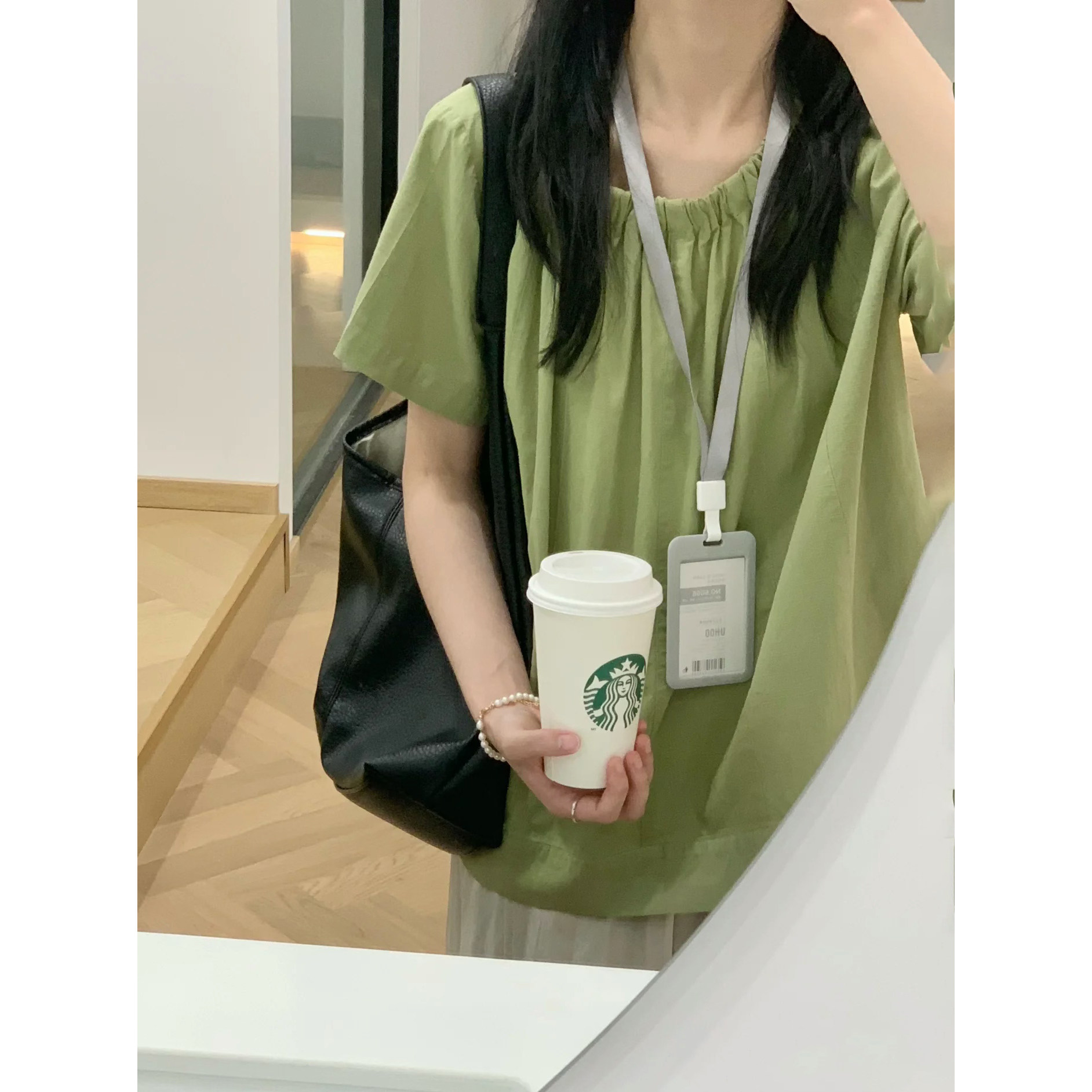 亚麻短袖衬衫后背纽扣娃娃衫上衣