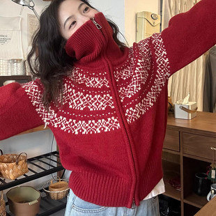 新年红色费尔岛高领毛衣外套女秋冬氛围感拉链翻领针织开衫上衣厚