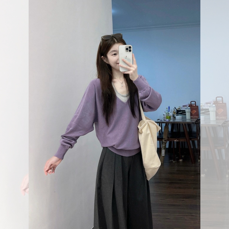 假两件v领针织衫巨好看宽松上衣