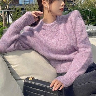 法式复古紫色软糯套头加厚针织衫女秋冬正肩短款高级感超好看毛衣