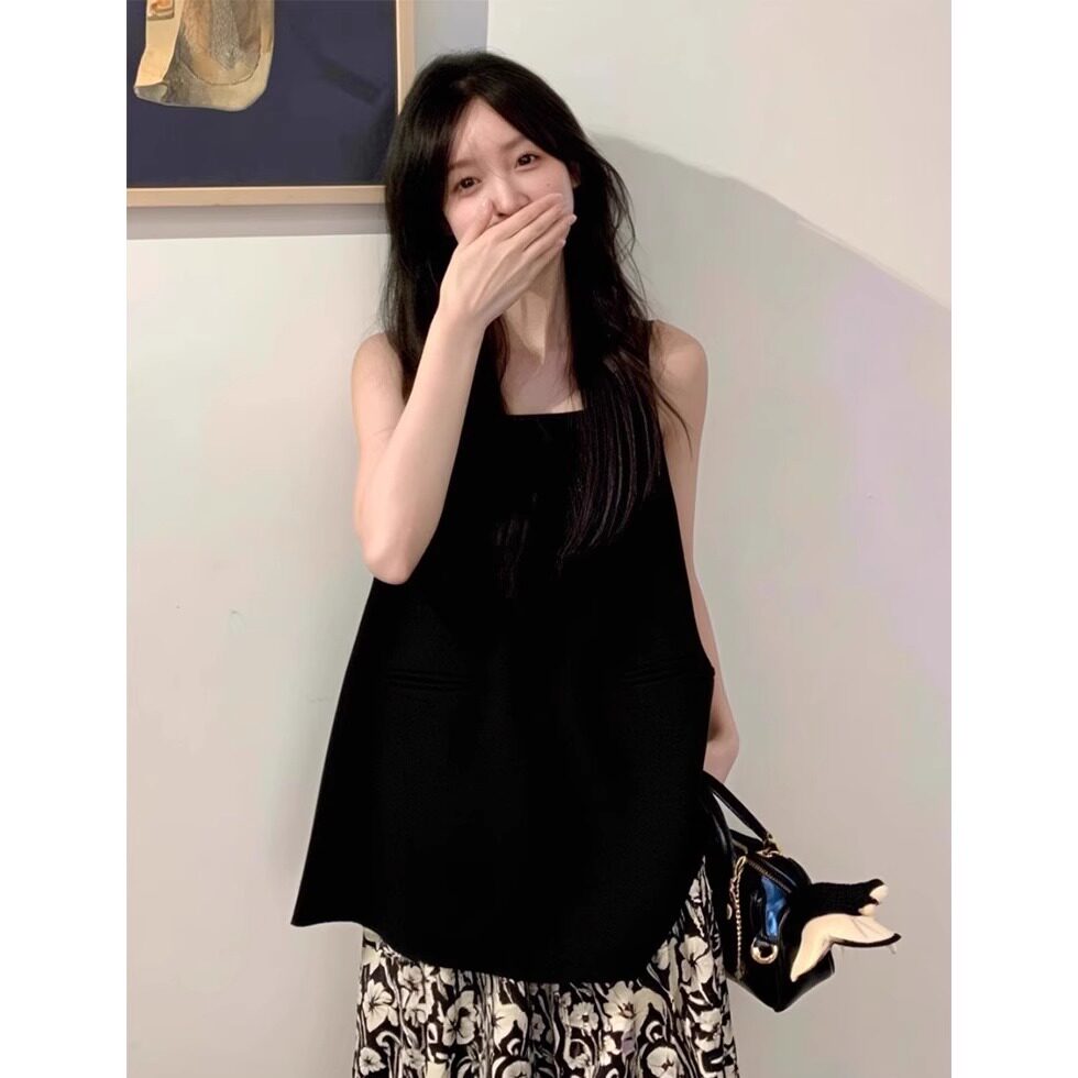 法式黑色方领吊带背心女夏季中长款度假风无袖露肩娃娃衫小资上衣