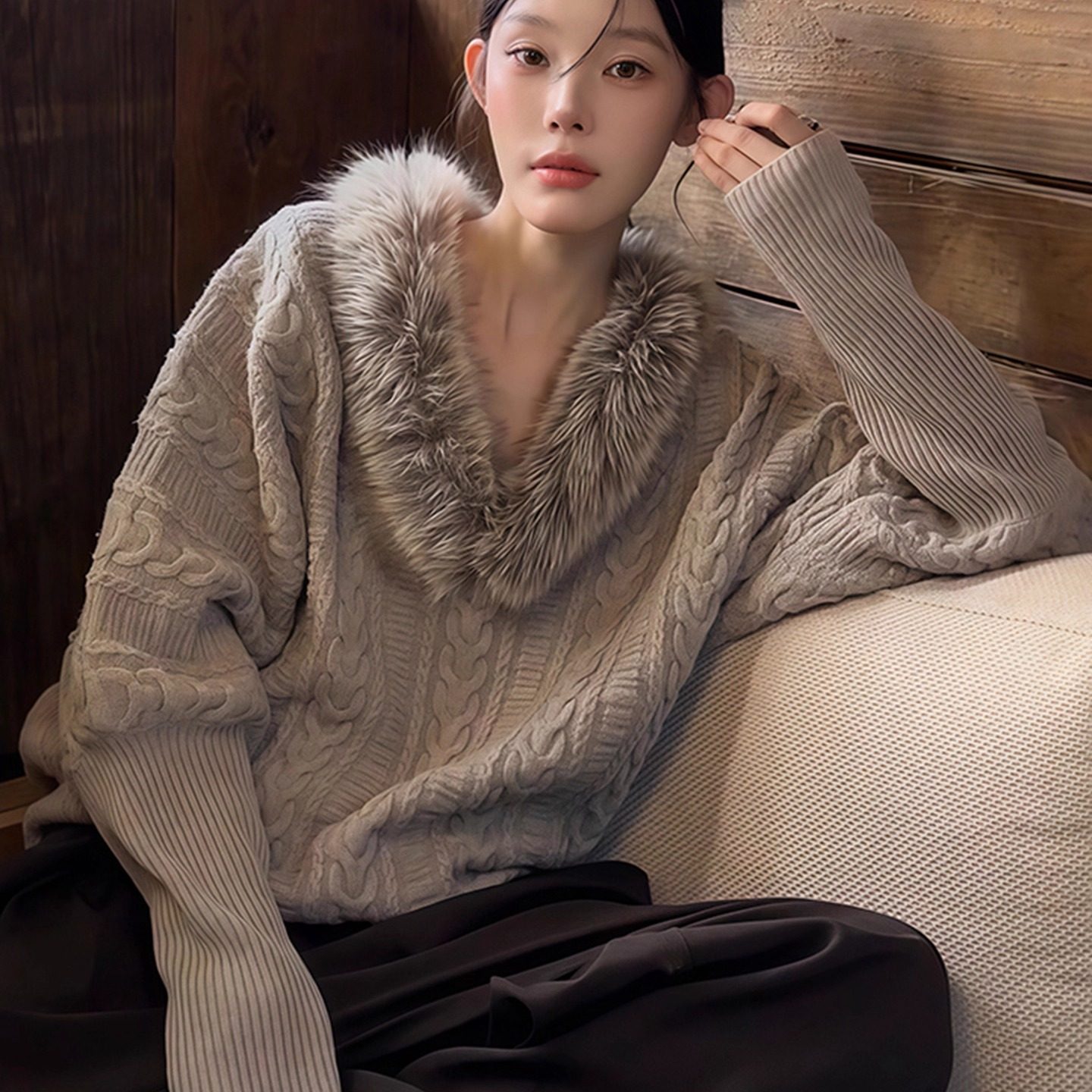 老钱风蝙蝠袖毛领麻花毛衣女秋冬高级感宽松v领针织衫外穿上衣厚