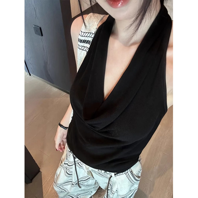 法式黑色挂脖露背吊带背心女夏季设计感外穿无袖v领美背露肩上衣